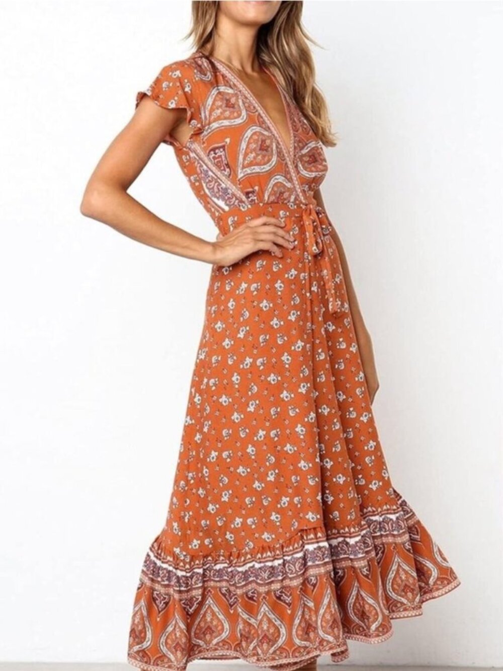 Medium Fall Dress Maxi Boho Orange Wrap Cottage long dress Vacation Romantic